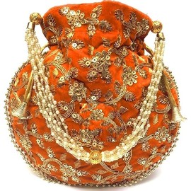 IGH Handmade Women's Velvet Embroidered Potli Purse | Indian Drawstring Bag Green Ethnic Handbag for Weddings & Parties 1 Pcs, Orange, Orange Pack of 1 Pcs