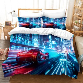 CXYXHW Racing Car Bedding Set for Boys, Sports Car Duvet Cover Extreme Sport Theme Bedding Set for Children with Zip and 2 Pillowcases (Racing Car 5, 135 x 200 cm)