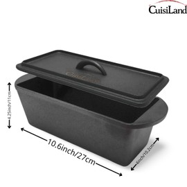Cuisiland Rectangular Cast Iron Bread Loaf Pan, Heavy Duty 11x4.75x4,25" (14" L/Handles) with Lid (BLP137U)