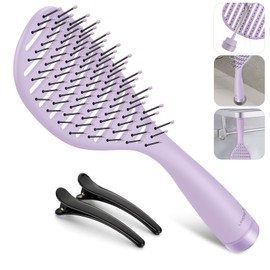 Hair Brush, Curved Vented Hairbrush Faster Blow Drying, Detangler Brush with a Built in Brush Cleaner, Hair Clips and Magnetic Holder, for women Men & Kids, Detangling Brush for All Hairs - Purple