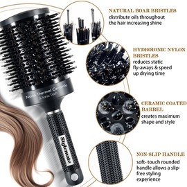STYLEMATE Round Brush, Nano Thermal Ceramic & Ionic Tech Round Barrel Hair Brush with Boar Bristles, Roller Brush for Blow Drying, 4 Free Clips (Black, 4 inch, Barrel 2.7 Inch, 65mm)