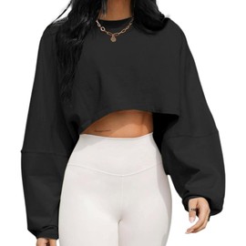 LovelyWholesale Women Long Sleeve Cropped Sweatshirt Oversized Crew Neck Workout Tops Black Large