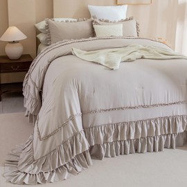 QSH Taupe Oversized King Comforter Set 120x120,Shabby Vintage Chic Ruffled Bedding Comforter Farmhouse French Country Rustic Comforter Microfiber Soft Fluffy Lightweight Bedding 3 PCs