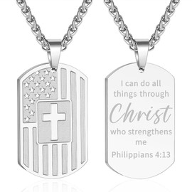 DuoDiner Dog Tag Necklace for Men Boys, Stainless Steel Pendant Chain American Flag Cross Baptism Religious Christian First Communion Confirmation Jewelry Gifts Philippians 4 13 Silver