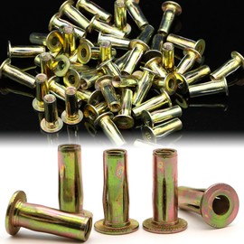 Terixe 100 Pack 1/4-20 Multi-Grip Rivet Nuts - Zinc-Plated Steel Construction Fasteners - Pre-Bulbed Shank - Flat Head Threaded Insert Plus Nut - Ideal for Household Items, Automobiles