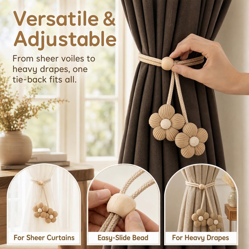 VLUNT 4 Pack Wooden Floral Beaded Curtain Tie Backs Rope
