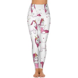 Xmkltbz Soft Stretchy Yoga Pants, Women High Waist Tummy Control Leggings Long Workout Athletic Tights with Pockets (2XL) Print Pink White Magical Unicorns with Yellow Stars Pink Heart on White
