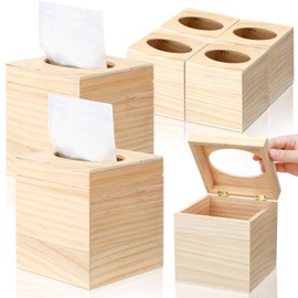 Wonderjune 6 Pcs Wood Tissue Box Cover for DIY Unfinished Wood Box Custom Design Square Wooden Tissue Cover Holder with Flip Opening Top for Arts Crafts Bathroom Decor Home Decor, 5 x 5.4 Inch