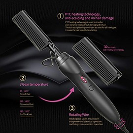 Peines de presión para alisar el cabello, peine eléctrico de cerámica, rizador para pelucas de barba negra natural, regalo de vacaciones, color negro,