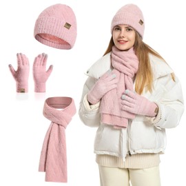 INSISMY Womens hat scarf and Touch screen gloves set ladies Women Winter scarf Warm Fleece Lined Beanie Skull Caps for Men Women Pink