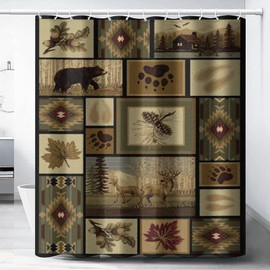 Retro Rustic Shower Curtain, Moose Deer Bear Leaf Tree Country Style Farmhouse Bathroom Decorate,Waterproof Fabric Bathroom,72x72 inch with 12 Hooks