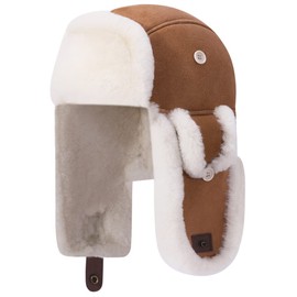 Harssidanzar Lambskin Shearling Winter Hat for Men and Women Genuine Leather Trapper Hat Aviator Hat with Ear Flaps CU603EU, Camel