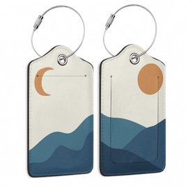 Abstract Blue Boho Sun Moon Mountains Luggage Tags for Suitcases, 2 Pack Cute PU Leather Suitcase Tag Identifiers with Address Card for Baggage Tag