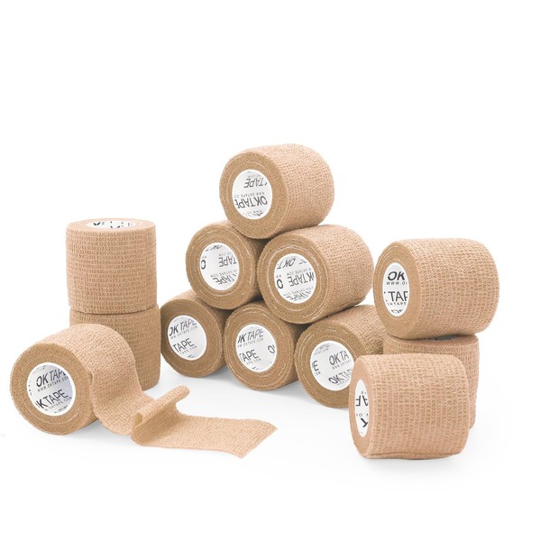 OK TAPE Self Adherent Cohesive Bandages Wrap 12Packs, 2 Inches X 5 Yards, Non-Woven Self Adhesive Athletic Sports wrap Tape, Vet Wrap Bandages Tape, for Thumb Finger Wrist Ankle (Beige)