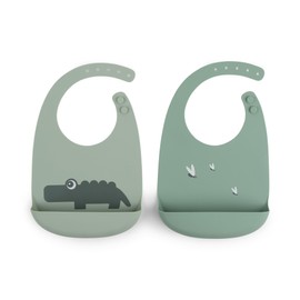 Done by Deer Croco Green Silicone Bib 2-Pack - Waterproof, Adjustable, Easy-to-Clean - Baby Must-Haves with Food-Grade Silicone