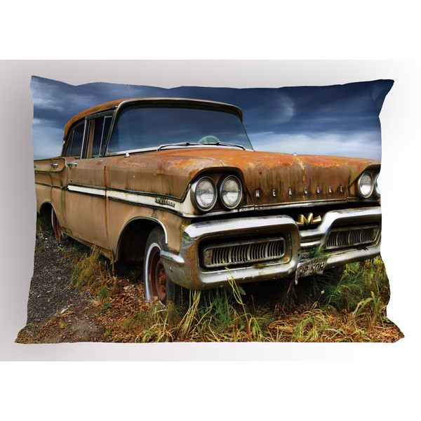 Lunarable Manly Pillow Sham, Picturesque Rural Landscape Old Fashioned Rusty