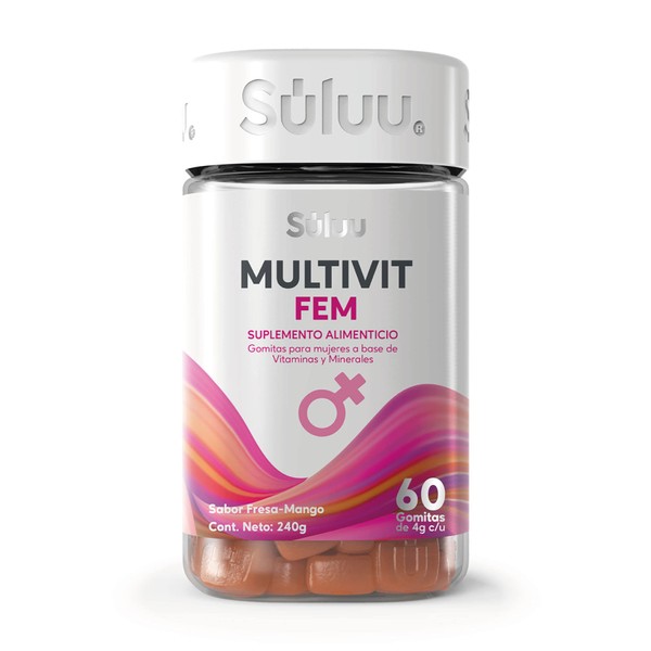 Súluu Multivit FEM | Multivitamínico para Mujeres | Womens Multivitamin | 60 Gomitas | Sabor Fresa-Mango | Ácido Fólico, Vitamina D3, Vitamina K1, Vitamina B3, Vitamina B6, Vitamina C, Vitamina B12, Hierro y Calcio | Sin Gluten