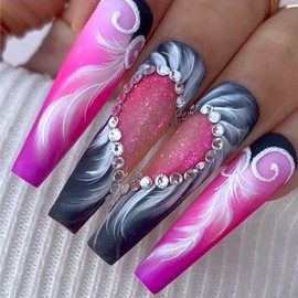 Pink Press on Nails Long Coffin Glossy Artificial Fake Nails with Feather and Heart Designs Ballerina Long Square Acrylic False Nails Glue on Nails Full Cover Stick on Nails Fingernails for Women