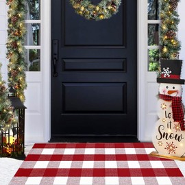 Christmas Door Mat Outdoor 24"x51"Buffalo Plaid Christmas Decor Rug Cotton Hand-Woven Layered Door Mats Washable Carpet for Front Porch, Kitchen, Farmhouse, Entryway,Bedroom