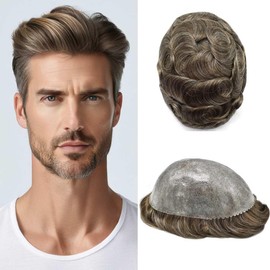 Toupee For Men Real Human Hair Replacement System 0.1mm All Injection PU Mens Toupee Durable Thin Skin Hairpiece For Men Prosthesis Hair Units Patch Wig #540 Medium Light Brown Mixed 40% Gray