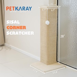 PETKARAY Couch Corner Cat Scratcher, 28'' Corner Scratching Post Cat Wall Scratcher, Sisal Scratch Pad for Sofa, Wall Furniture Protector with Toy Ball