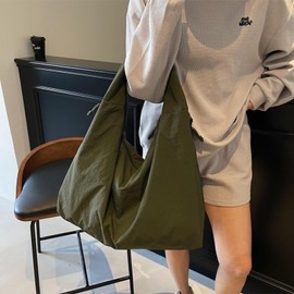 Obosoyo Slouchy Tote Bag 2025 Nylon Solid Color Pleated Handbag Men Women Large Shoulder Bag Travel Gym Sport Sling Commuter Hobo Weekend Vacation
