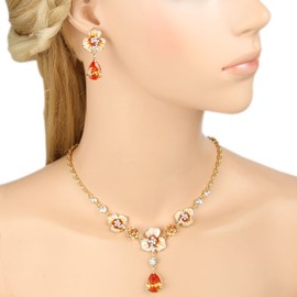 EVER FAITH Costume Jewelry Zircon Crystal Enamel 3 Flowers Tear Drop Necklace Earrings Set for Women Topaz Color Gold-Tone