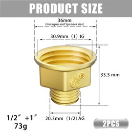 Aitsite Reducer 1/2 to 1 Inch Brass Reducer Extension with Hex 1/2 Inch Male Thread x 1 Inch Female Thread Reducer for Conversion of Pipe Connections (Pack of 2)