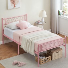 GarveeHome Twin Size Bed Frame, Metal Platform Bed Frame with Headboard and Footboard, 12.2 Inch Bed Frame with Strong Metal Slats Support, Under Bed Storage, No Box Spring Needed, Pink