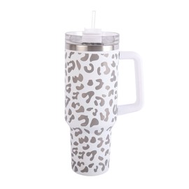 Lashicorn 40 Oz. Tumbler with Handle and Straw White Leopard Silver 10” tall Cup lid included Insulated Stainless Steel Vacuum Travel Mug Boutique Cheetah Print Sublimation