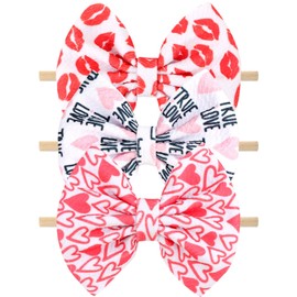 NCMAMA Valentine's Day Baby Headbands Pink Red Love Heart Printed Elastic Nylon Valentines Hairbands for Baby Girls Newborn and Infant 3 Pcs (Valentine's Day- A)