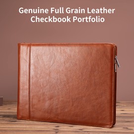 Geslun 7 Ring Check Binder, Genuine Leather Business Checkbook Cover Holder, 3-On-A-Page for 600 Checks (9 x 13”), Desk Commercial Cheque Zippered Folder, Brown, Oil Tanned