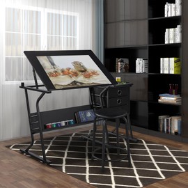 Yaheetech Yaheetech Drafting Table for Adults/Artists, Drawing Desk, Tabletop Adjustable Art/Craft Desk with Stool and 3 Slide Drawers, Sketching Painting Artwork Station for Art Studio Home Office School