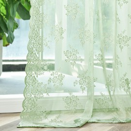 Kotile Sage Green Net Curtains 90 Drop 2 Panels Set Rustic Floral Embroidered Scalloped Green Sheer Lace Curtains for Living Room Bedroom, Rod Pocket Privacy Net Voile Curtains for Windows, 52x90 Inch