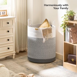 Nunsino Laundry Hamper 95L,Large Laundry Basket for Clothes,Decorative Storage Basket for Blankets,Cotton Rope Woven basket for bedroom,Grey White