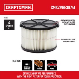 CRAFTSMAN CMXZVBE38741 Genuine Half Height General Purpose Wet Dry Vac Replacement Vacuum Filter for Most 5 to 20 Gallon CRAFTSMAN Shop Vacuums, Easy Installation and Traps General Debris