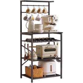 YMYNY Kitchen Baker's Rack, Microwave Oven Stand with Storage Shelves, Wine Holders, S-Hooks, Adjustable, Metal Frame, Black UHBR001B