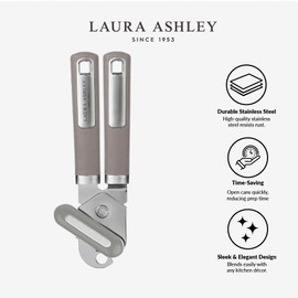 Laura Ashley Stainless Steel Heavy Duty Can Opener with Ergonomic Soft Touch Handles for Easy Grip - Smooth and Precise Cuts, Rust Resistant and Dishwasher Safe Tin Opener - Dark Dove Grey