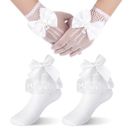 Jupsk Girls White Frilly Socks Kids Ballet Lace Gloves Communion Wedding Flower Girl's Princess Cotton Socks for Baby Children 3-6 Years