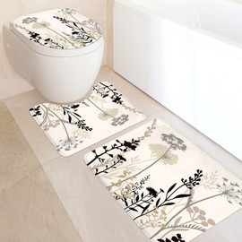 Omifly Beige Floral Shower Curtain Sets 4Pcs Rustic Flower Boho Plant Taupe Brown Silhouette Leaves Vintage Bathroom Decor Set with 12 Hooks, Rugs and Accessories with Bath Mat and Toilet Lid Cover