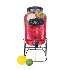 JS Gourmet 4L Glass Beverage Dispenser with Metal Base Stand, Spigot, Blackboard Sticker with Chalk and Leak-proof Metal Lid, Drink Jar for Water, Juice, Liquor, Iced Punch, Sun Tea