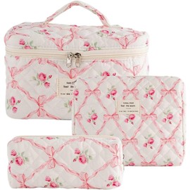 Dkieuyu 3 Pcs Quilted Makeup Bag,Bow Makeup Bag,Coquette Makeup Bag,Floral Makeup Bag Set,Large Toiletry Cosmetic Bag Makeup Bag Organizer for Women Girls (H-3PCS)