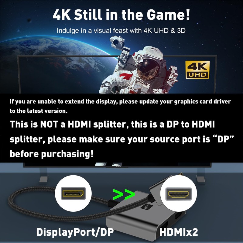 UANTIN DisplayPort to Dual HDMI Adapter | 4K 60Hz DP