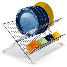Youeon Foldable Dish Drying Rack with Drip Tray, Stainless Steel 2 Tier Dish Drainer Rack, Collapsible Dish Drainer, Folding Dish Rack for Kitchen Sink, Countertop, Cutlery, Plates, Dishes