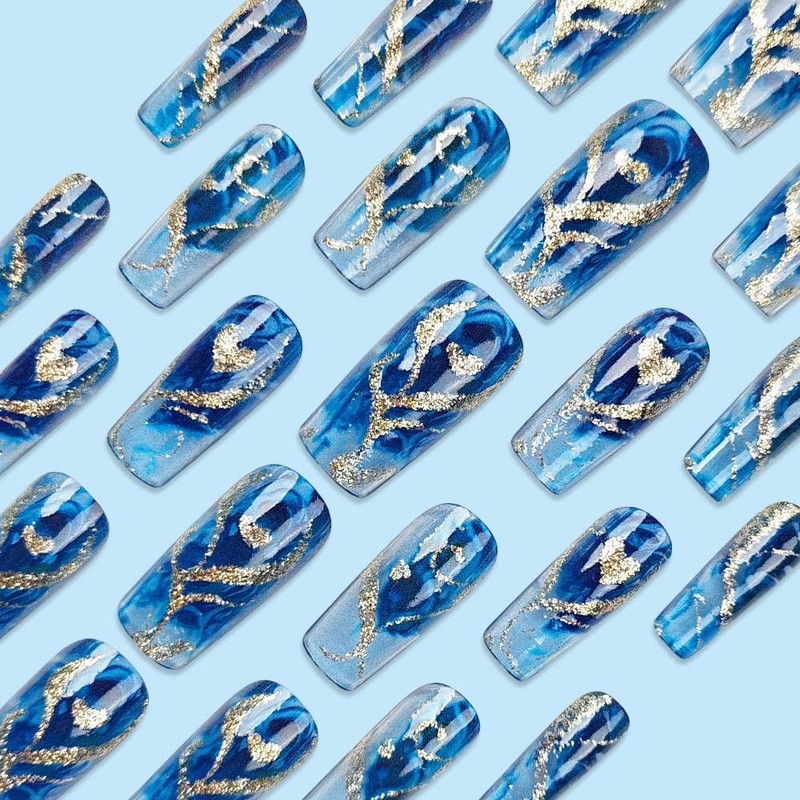 Square Press On Nails Medium Fake Nails Blue False Nails