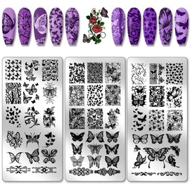 PH PandaHall 3 Stück Schmetterling Nagel Stamping Platte, Mysteriöse Schmetterlinge Flower Art Schablonen Frühling Nailart Schablonen Edelstahl Bildplatten für Frauen Print Maniküre