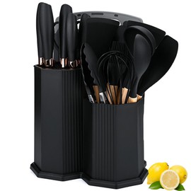 Kitchen Cooking Utensils and Knife Set with Holder Block, 19 Pieces Cooks Cutting Set 11 Pcs Silicone Cooking Utensils Sharp Stainless Steel Knives Scissors Whisk Tongs and Cutting Board (Black)