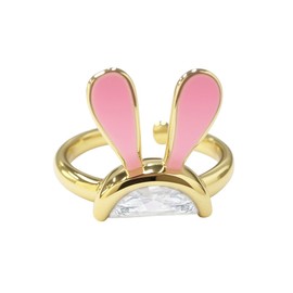 NewZenro Rabbit Pink Enamel Open Band Statement Ring for Women Cute Gold Plated Crystal Bunny Animal Adjustable Stackable Finger Knuckle Rings Comfort Fit Fashion Trendy Jewelry for Party