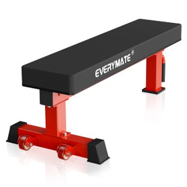 EVERYMATE Flat Bench, 4" Thick HeftyGrip Vinyl Pad, Rated 1,200 LB, Flat Benches for Home Gym & Strength Training, Professional Grade Flat Weight Bench Made of Heavy Duty 3"*3" Tube (Red)