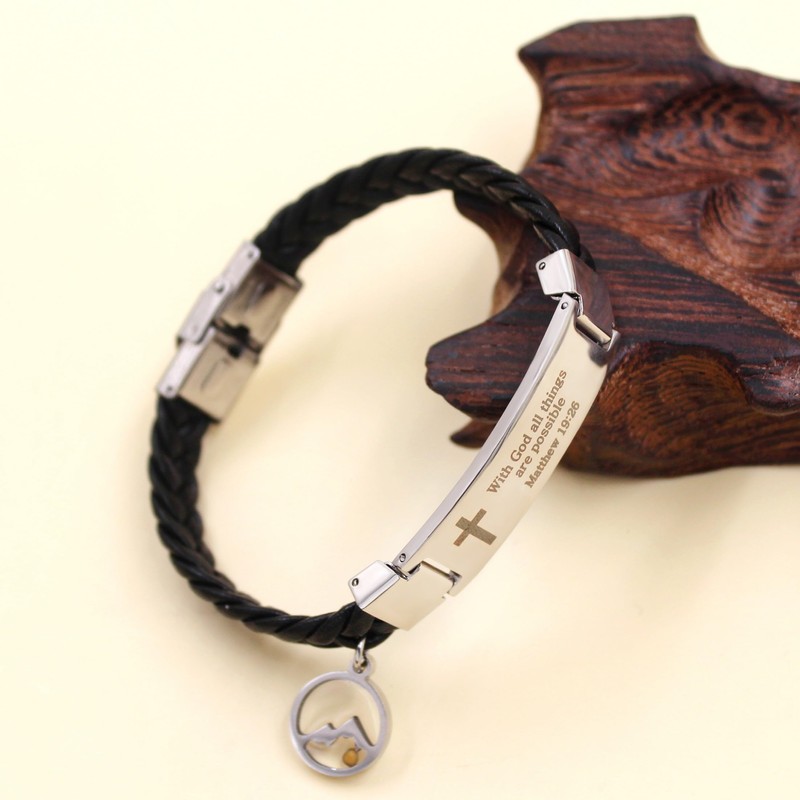 Oneress Men's PU Leather Faith Bracelet, Religious Scripture Bracelets With